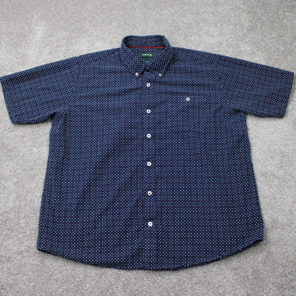 Orvis Shirt Mens XL Blue Geometric Classic Fit Textured‎ Cotton S/S Button Down